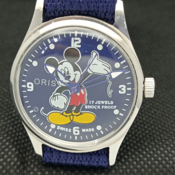 Vintage 1986 Oris Disney Manual Mens Silver Watch W/Cloth Strap & Mickey accents - Picture 3 of 8